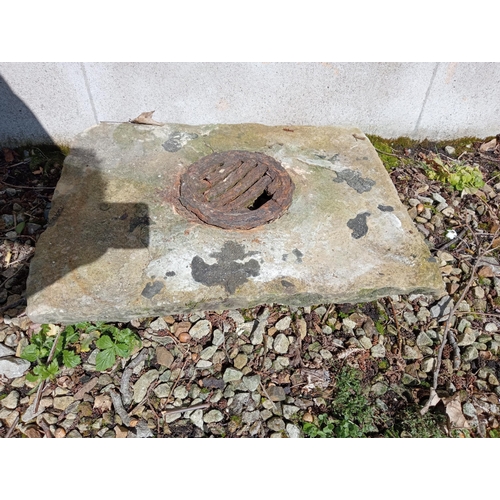 875 - 19th C. sandstone gully with original cast iron grate cover {H 8cm x W 60cm x D 46cm }.