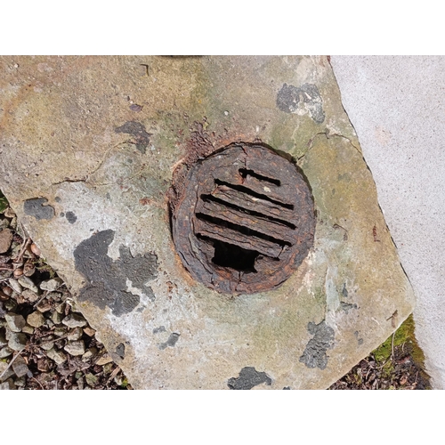 875 - 19th C. sandstone gully with original cast iron grate cover {H 8cm x W 60cm x D 46cm }.