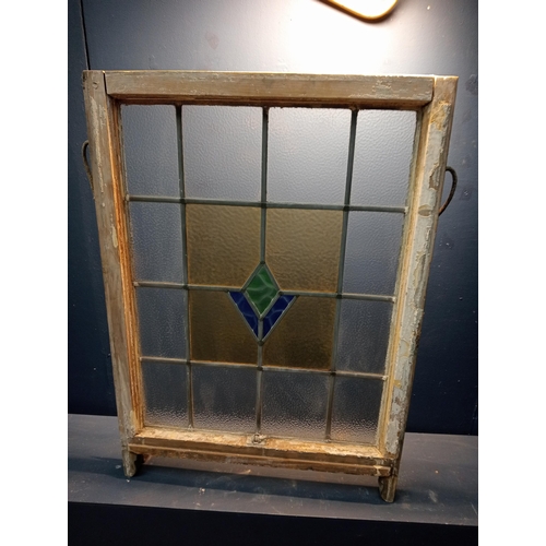 900 - Leaded stain glass window with blue and green centre {H 89cm x W 64cm }. (NOT AVAILABLE TO VIEW IN P... 