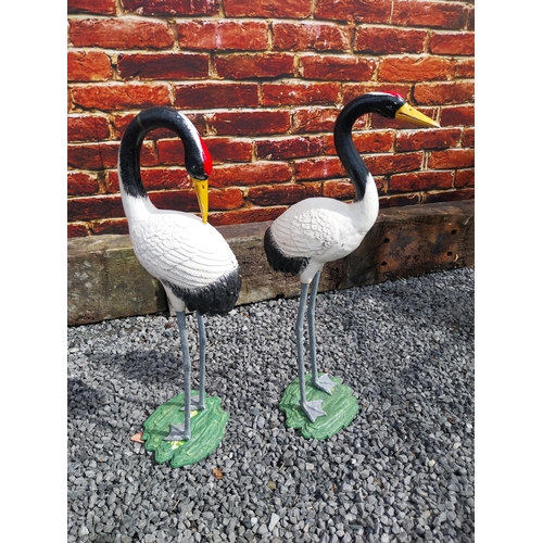 908 - Pair of cast iron statues of Cranes {76 cm H x 24 cm W x 20 cm D and 75 cm H x 23 cm W x 19 cm D}.