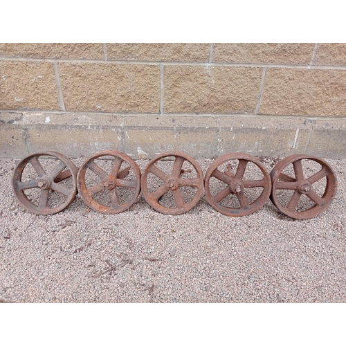 919 - Collection of five cast iron shepherd hut wheels {Dia 24cm x D 7cm }. (NOT AVAILABLE TO VIEW IN PERS... 