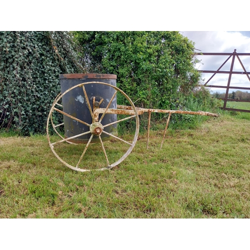 92 - 19th C. wrought iron gardeners water barrel {76 cm H x 79 cm W x 166 cm D}.