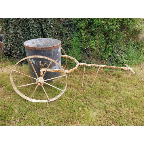 92 - 19th C. wrought iron gardeners water barrel {76 cm H x 79 cm W x 166 cm D}.