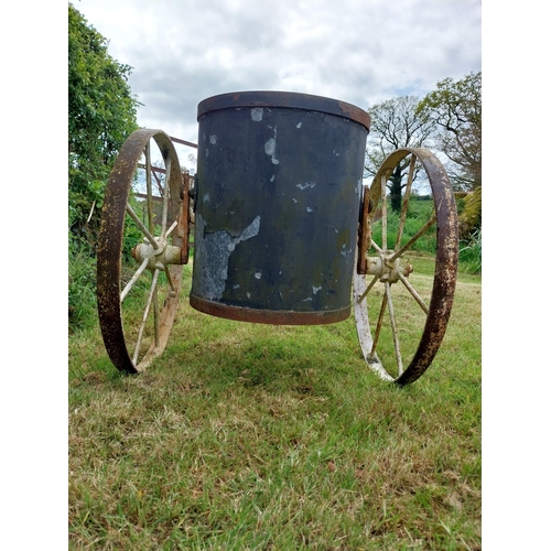 92 - 19th C. wrought iron gardeners water barrel {76 cm H x 79 cm W x 166 cm D}.