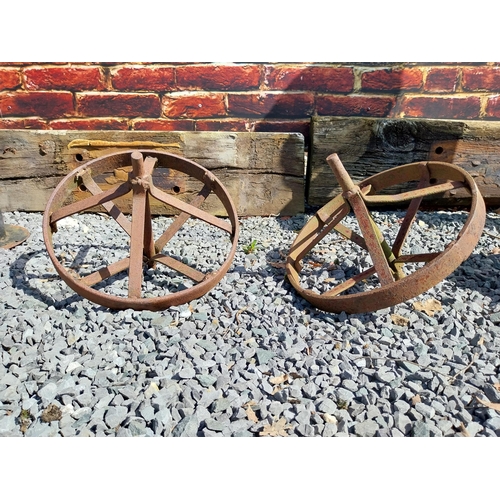 922 - Pair of cast iron wheel barrow wheels {33 cm W x 34 cm Dia.}.