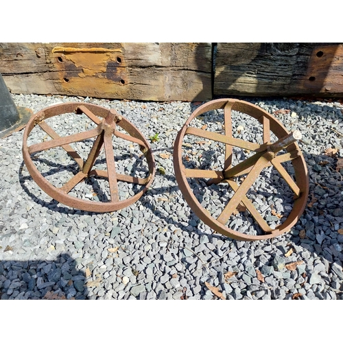 922 - Pair of cast iron wheel barrow wheels {33 cm W x 34 cm Dia.}.