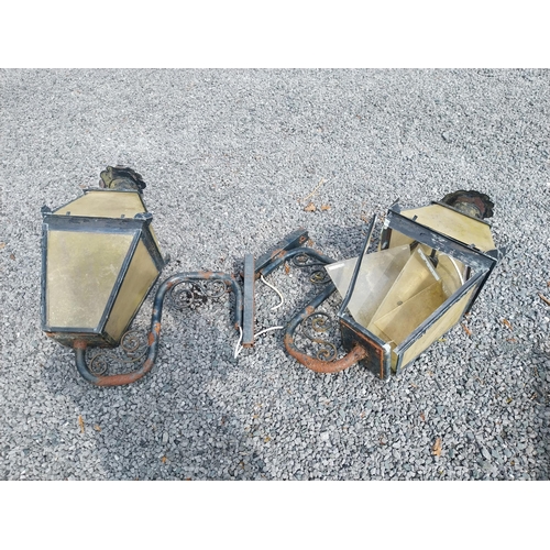 930 - Pair of painted copper wall lanterns with metal bracket - in need of restoration {94 cm H x 80 cm W ... 