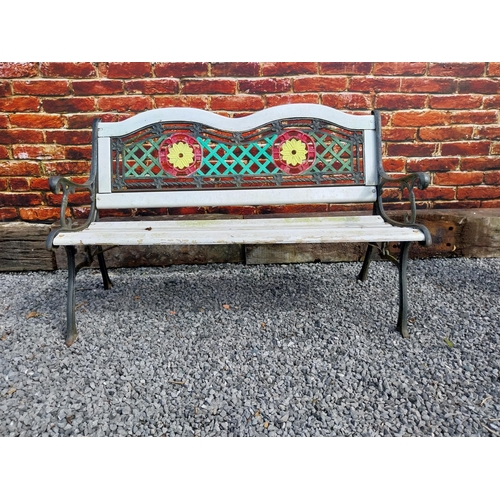 944 - 1950s cast iron garden bench with wooden slats decorated with flowers {80 cm H x 128 cm W x 60 cm D}... 