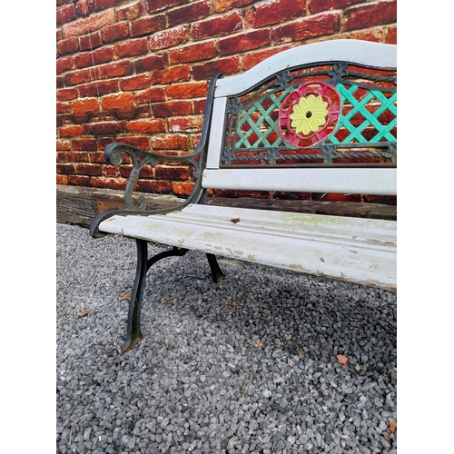 944 - 1950s cast iron garden bench with wooden slats decorated with flowers {80 cm H x 128 cm W x 60 cm D}... 