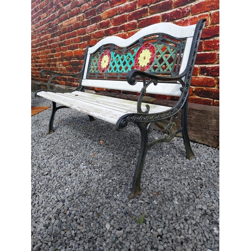 944 - 1950s cast iron garden bench with wooden slats decorated with flowers {80 cm H x 128 cm W x 60 cm D}... 