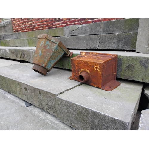 956 - Two 19th C. cast iron hopper heads {25 cm H x 30 cm W x 22 cm D and 16 cm H x 30 cm W x 17 cm D}.