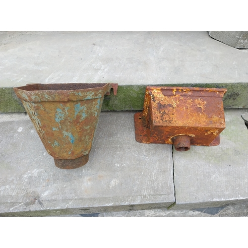 956 - Two 19th C. cast iron hopper heads {25 cm H x 30 cm W x 22 cm D and 16 cm H x 30 cm W x 17 cm D}.