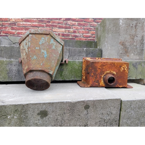 956 - Two 19th C. cast iron hopper heads {25 cm H x 30 cm W x 22 cm D and 16 cm H x 30 cm W x 17 cm D}.