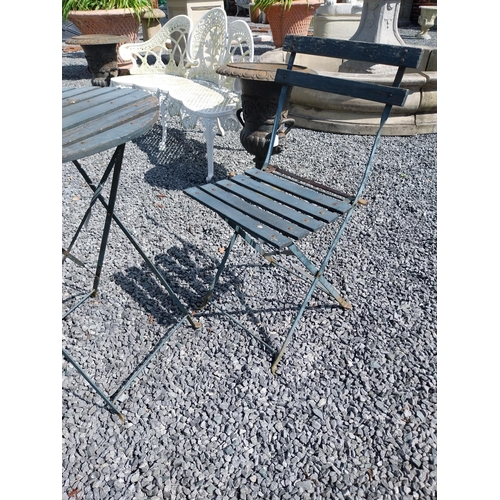 959 - Wooden and metal garden table with two matching chairs {Tbl. 71 cm H x 60 cm Dia. and Chairs 80 cm H... 