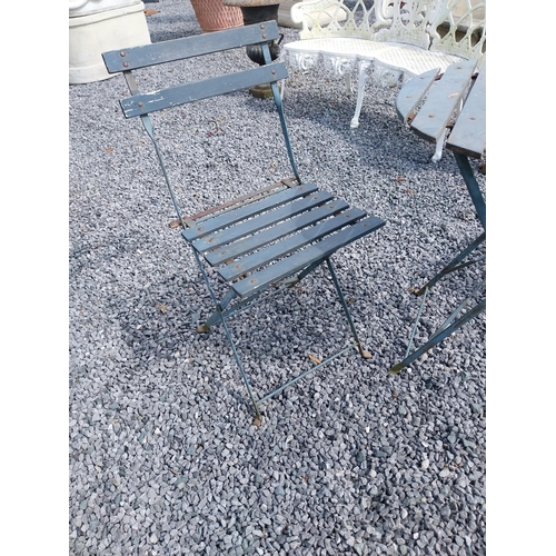 959 - Wooden and metal garden table with two matching chairs {Tbl. 71 cm H x 60 cm Dia. and Chairs 80 cm H... 