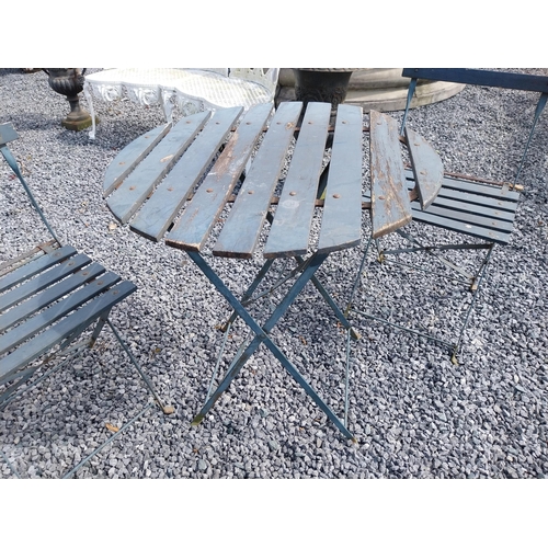 959 - Wooden and metal garden table with two matching chairs {Tbl. 71 cm H x 60 cm Dia. and Chairs 80 cm H... 