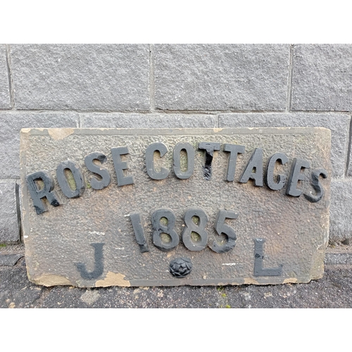 971 - Sandstone name plaque - Rose cottages 1885 {H 40cm x W 80cm x D 18cm }. (NOT AVAILABLE TO VIEW IN PE... 