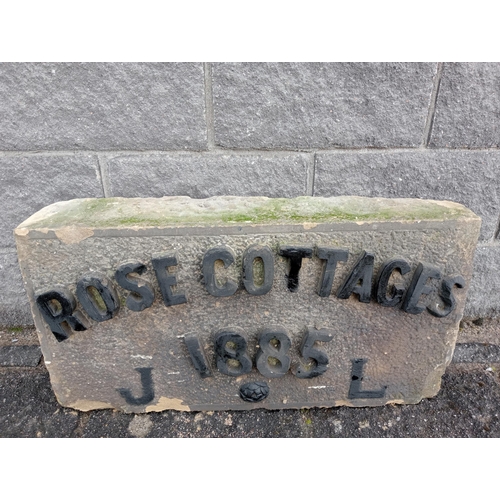 971 - Sandstone name plaque - Rose cottages 1885 {H 40cm x W 80cm x D 18cm }. (NOT AVAILABLE TO VIEW IN PE... 