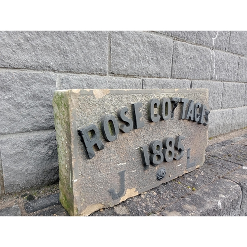 971 - Sandstone name plaque - Rose cottages 1885 {H 40cm x W 80cm x D 18cm }. (NOT AVAILABLE TO VIEW IN PE... 