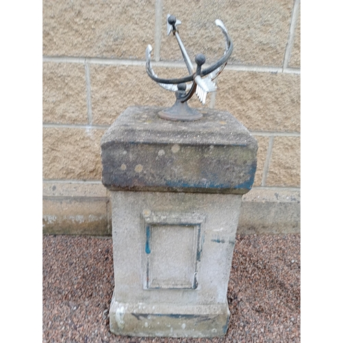 973 - Wrought iron Armorial sundial raised on composition stone square pedestal {H 80cm x 33 x 33}. (NOT A... 