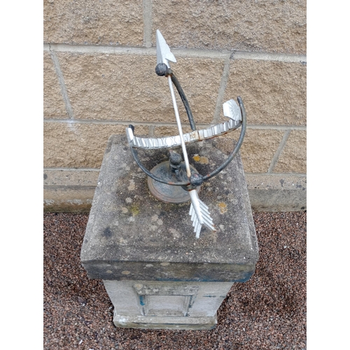 973 - Wrought iron Armorial sundial raised on composition stone square pedestal {H 80cm x 33 x 33}. (NOT A... 