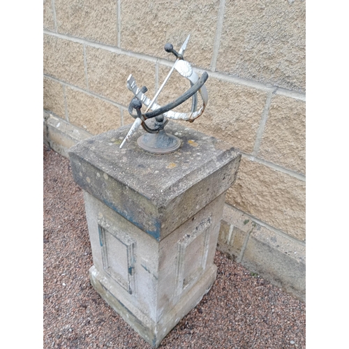 973 - Wrought iron Armorial sundial raised on composition stone square pedestal {H 80cm x 33 x 33}. (NOT A... 