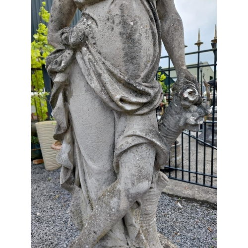 980 - Early 20th C. moulded stone statue of a Grecian lady {117 cm H x 43 cm W x 27 cm D}.