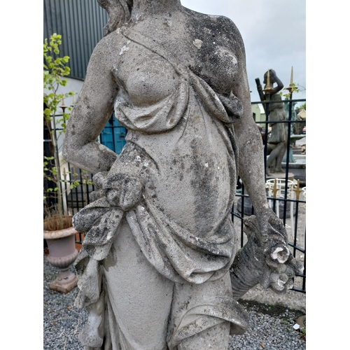 980 - Early 20th C. moulded stone statue of a Grecian lady {117 cm H x 43 cm W x 27 cm D}.