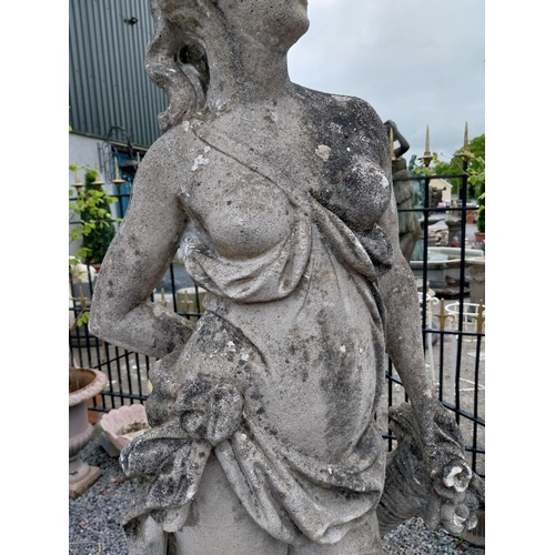 980 - Early 20th C. moulded stone statue of a Grecian lady {117 cm H x 43 cm W x 27 cm D}.