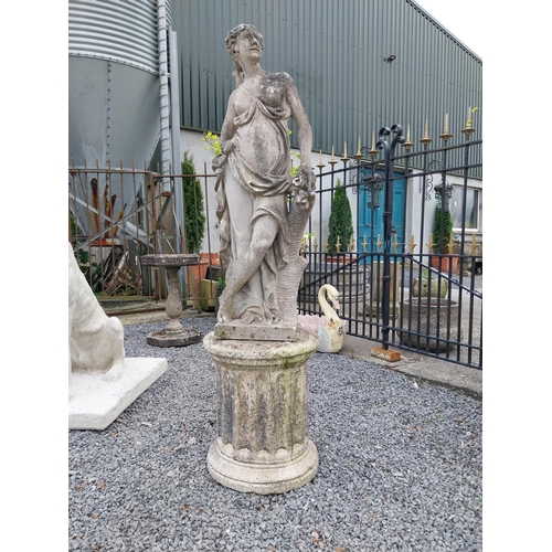 980 - Early 20th C. moulded stone statue of a Grecian lady {117 cm H x 43 cm W x 27 cm D}.