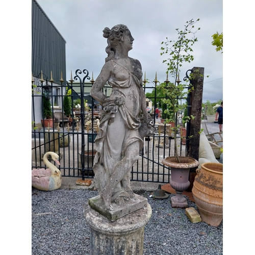 980 - Early 20th C. moulded stone statue of a Grecian lady {117 cm H x 43 cm W x 27 cm D}.