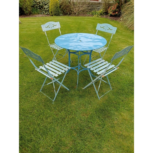 984 - Blue folding metal bistro  table with four chairs {Table H 70cm x Dia 80cm Chairs H 80cm x W 38cm x ... 