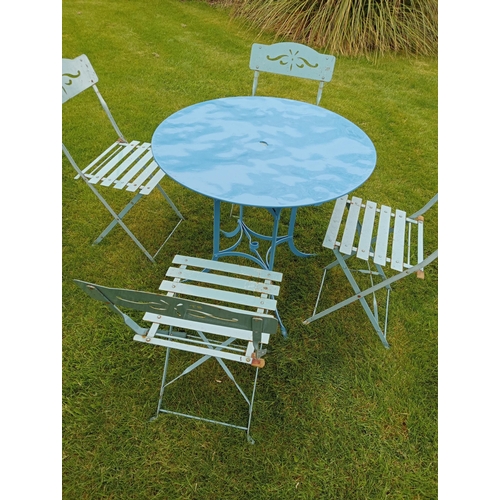 984 - Blue folding metal bistro  table with four chairs {Table H 70cm x Dia 80cm Chairs H 80cm x W 38cm x ... 