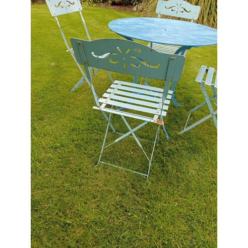 984 - Blue folding metal bistro  table with four chairs {Table H 70cm x Dia 80cm Chairs H 80cm x W 38cm x ... 