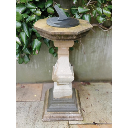 985 - Slate sundial plate raised on composition stone plinth {H 104cm x W 40cm x D 40cm }. (NOT AVAILABLE ... 