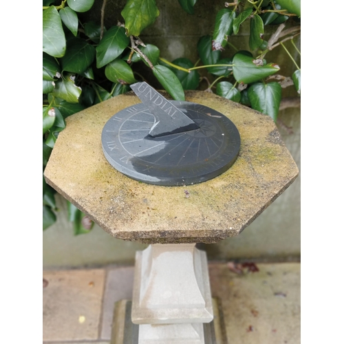 985 - Slate sundial plate raised on composition stone plinth {H 104cm x W 40cm x D 40cm }. (NOT AVAILABLE ... 