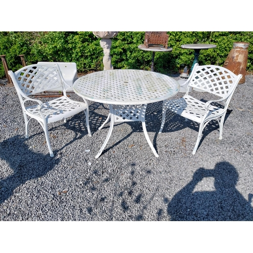 988 - Cast aluminium garden table with two matching armchairs {Tbl. 76 cm H x 160 cm Dia. and Chairs 81 cm... 