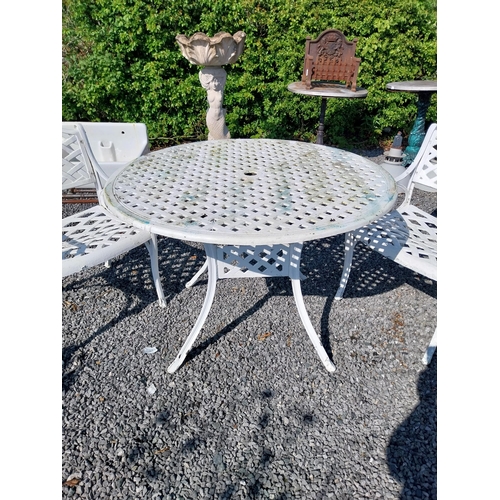 988 - Cast aluminium garden table with two matching armchairs {Tbl. 76 cm H x 160 cm Dia. and Chairs 81 cm... 