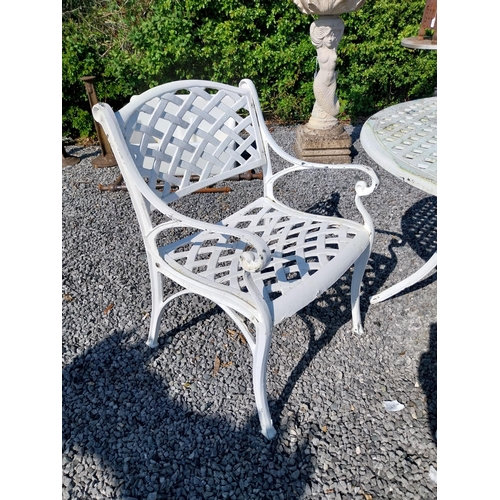 988 - Cast aluminium garden table with two matching armchairs {Tbl. 76 cm H x 160 cm Dia. and Chairs 81 cm... 