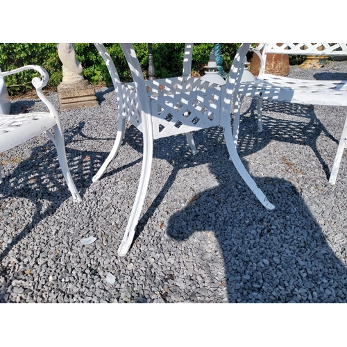 988 - Cast aluminium garden table with two matching armchairs {Tbl. 76 cm H x 160 cm Dia. and Chairs 81 cm... 