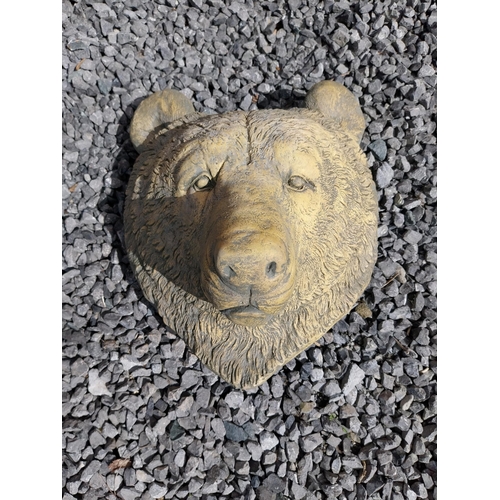 990 - Moulded sandstone wall mounted Bear head plaque {33 cm H x 28 cm W x 26 cm D}.