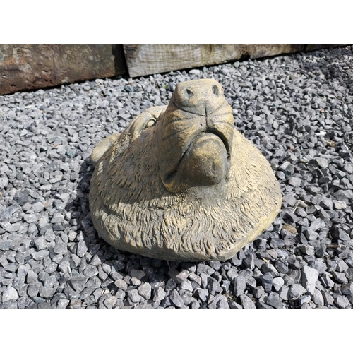 990 - Moulded sandstone wall mounted Bear head plaque {33 cm H x 28 cm W x 26 cm D}.