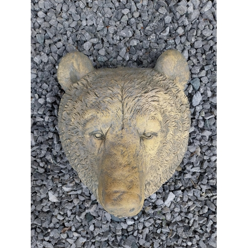 990 - Moulded sandstone wall mounted Bear head plaque {33 cm H x 28 cm W x 26 cm D}.