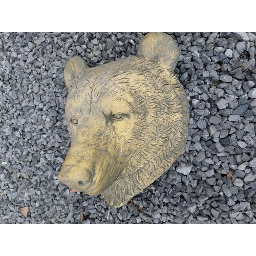 990 - Moulded sandstone wall mounted Bear head plaque {33 cm H x 28 cm W x 26 cm D}.