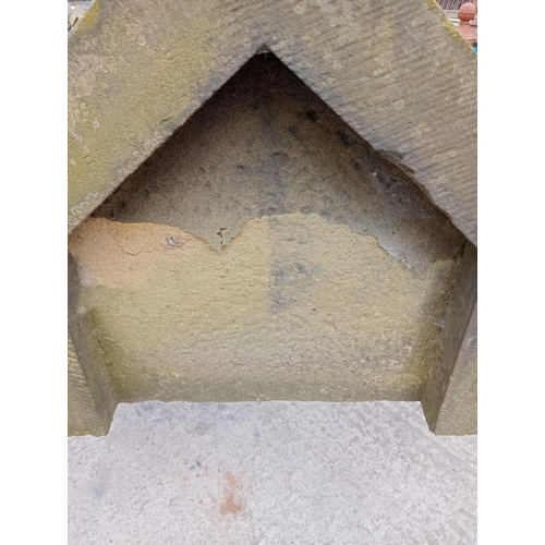 994 - Pair of sandstone pillar caps round finials {H 76cm x W 104cm x D 50cm }. (NOT AVAILABLE TO VIEW IN ... 