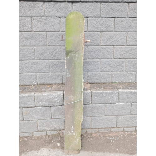 999 - Millstone gritstone domed top gatepost {H 193cm x W 23cm x D 33cm }. (NOT AVAILABLE TO VIEW IN PERSO... 