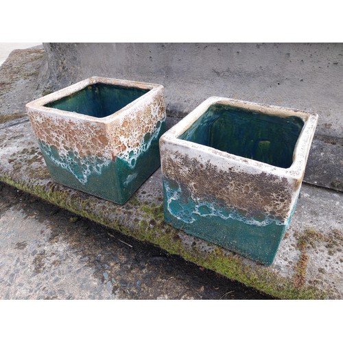 11 - Pair of Atlantis glazed terracotta plant pots {20 cm H x 22 cm W x 22 cm D}.