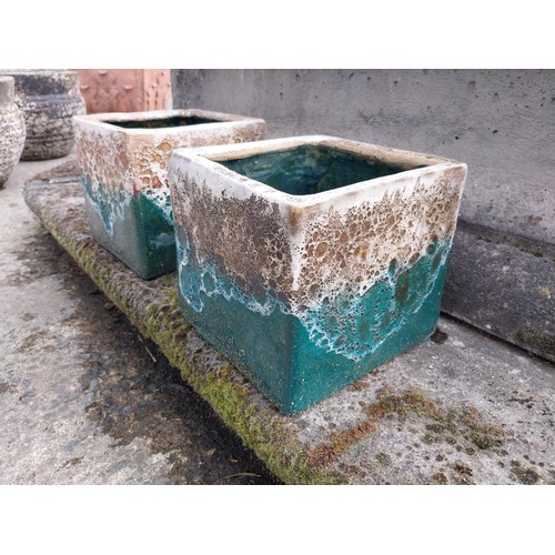 11 - Pair of Atlantis glazed terracotta plant pots {20 cm H x 22 cm W x 22 cm D}.