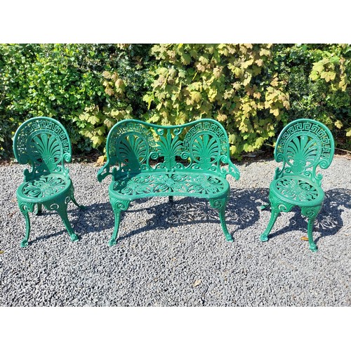 32 - Decorative painted aluminium garden bench and two matching chairs in the Coalbrookdale style {Bench ... 