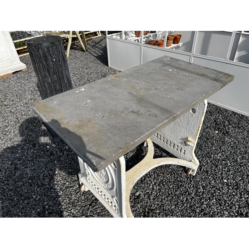 834a - 19th C. cast iron garden table with slate top {75cm H x 100cm W x 50cm D}